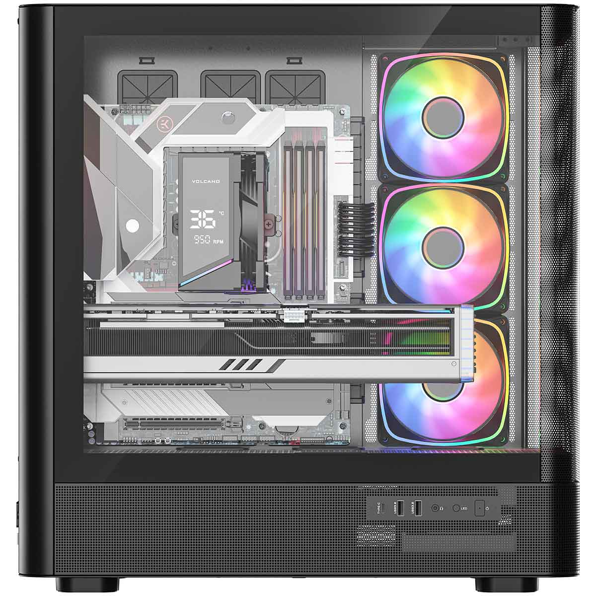 Wnętrze czarnej obudowy PC z białą płytą główną, wentylatorami RGB i kartą graficzną widoczną przez szybę.