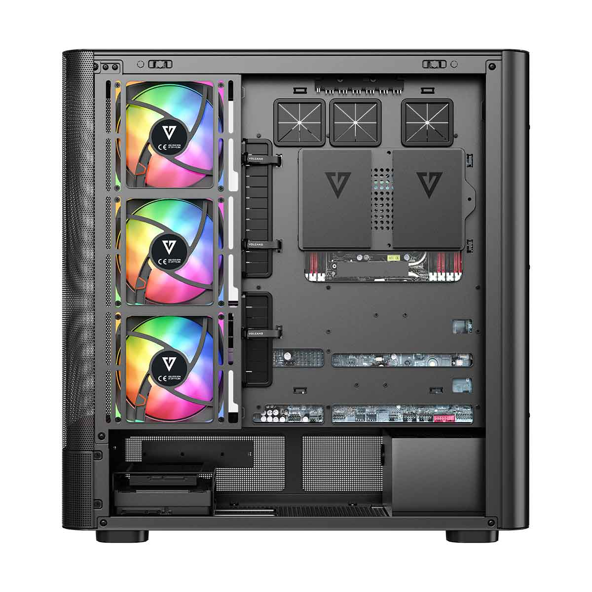 Wnętrze czarnej obudowy PC z trzema wentylatorami RGB po lewej i tacką na płytę główną po prawej.