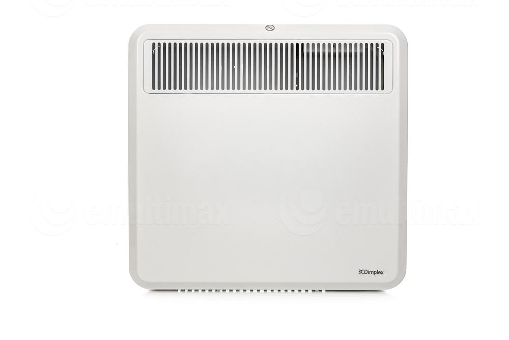 Biały grzejnik elektryczny Dimplex z górnymi kratkami wentylacyjnymi na białym tle.