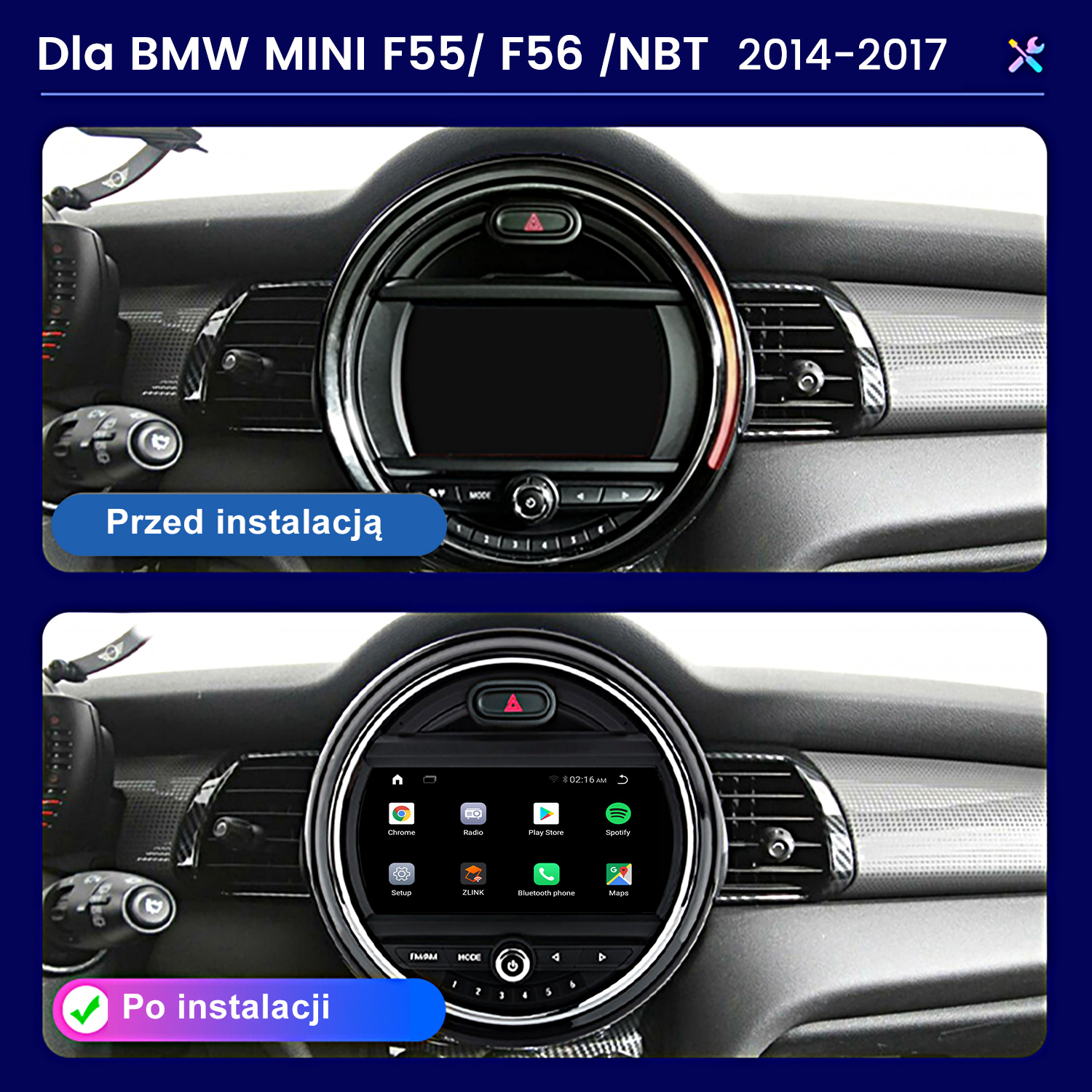 Porównanie deski rozdzielczej Mini Cooper przed i po instalacji nowego systemu multimedialnego.