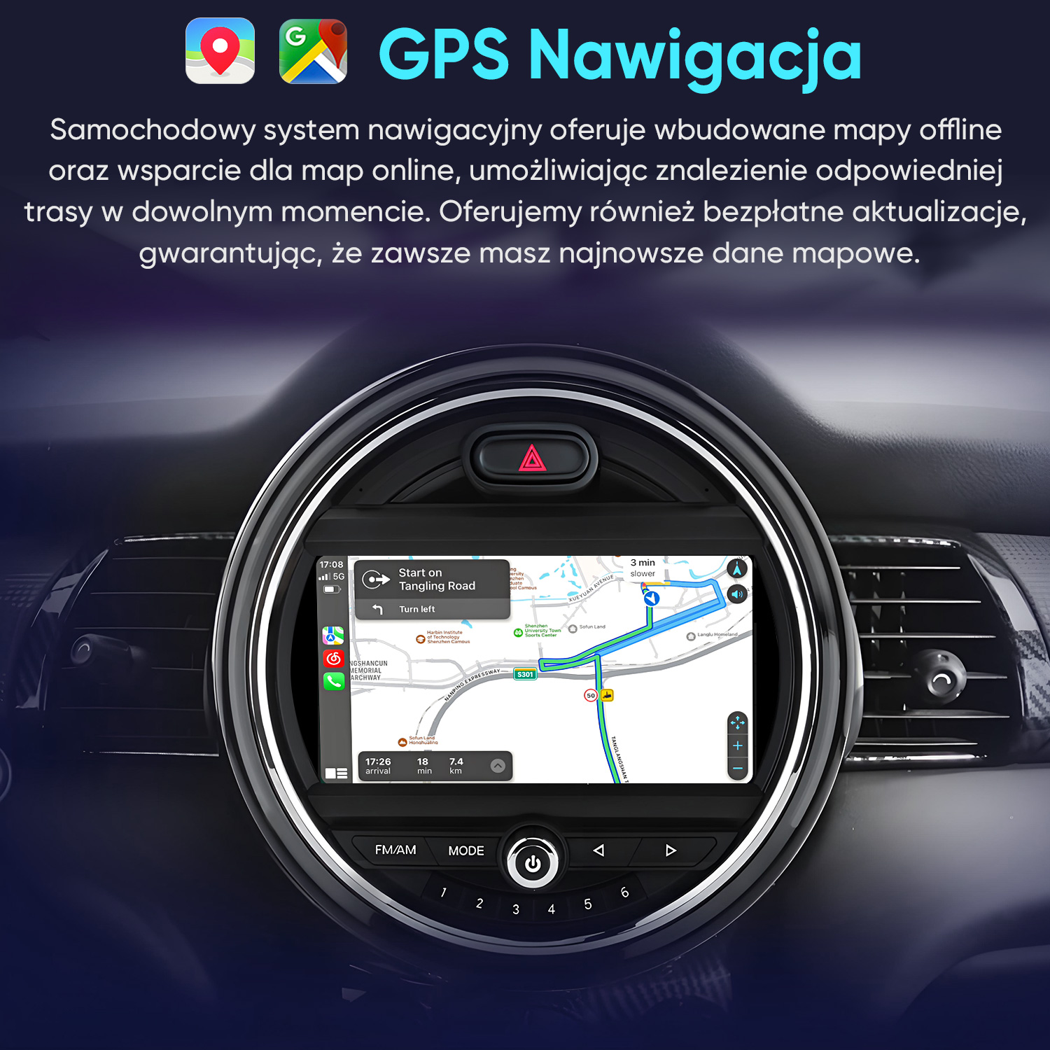 Ekran nawigacji GPS wbudowany w deskę rozdzielczą samochodu wyświetla mapę trasy.