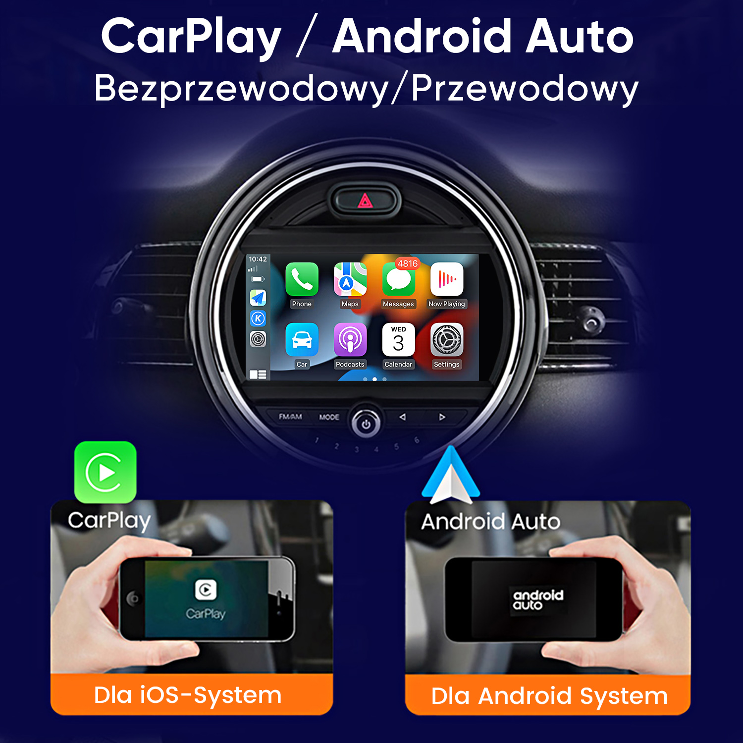 Ekran auta z CarPlay, na dole dłonie trzymające telefony z CarPlay i Android Auto.