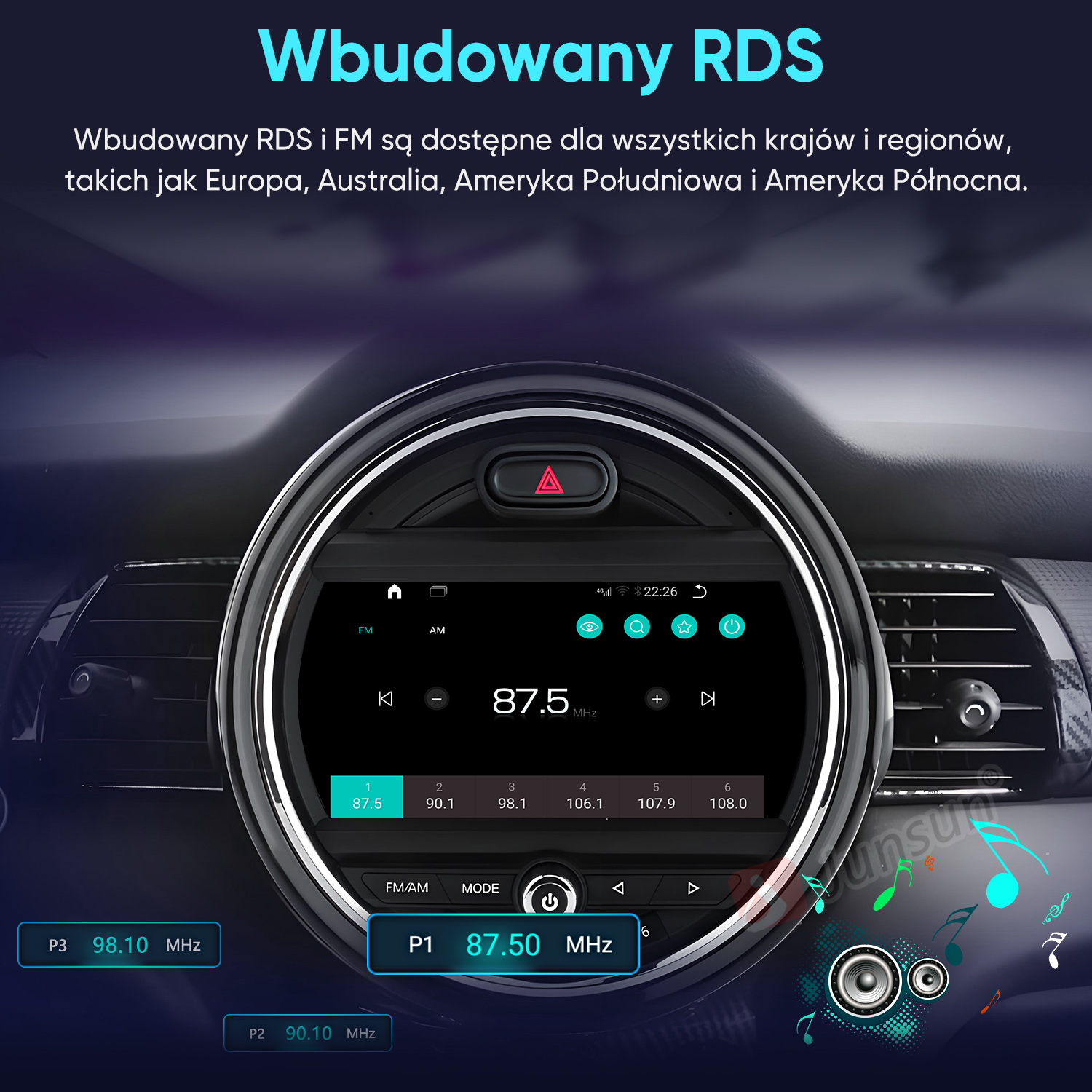 Wyświetlacz radia samochodowego z RDS i nutami.