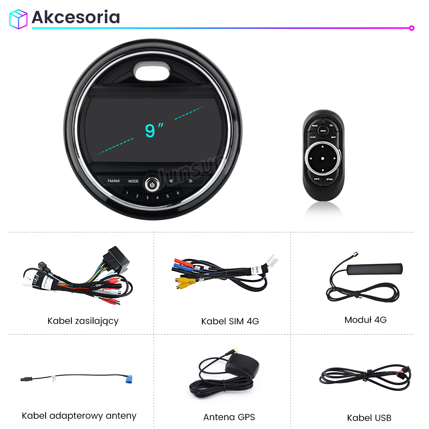 Samochodowy system stereo z ekranem 9 cali, pilotem i kablami, takimi jak zasilający, SIM 4G, GPS i USB.