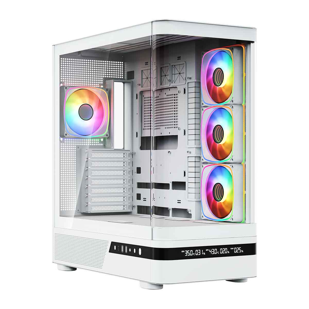 Biała obudowa PC ze szklanym frontem, wentylatorami RGB i cyfrowym ekranem.