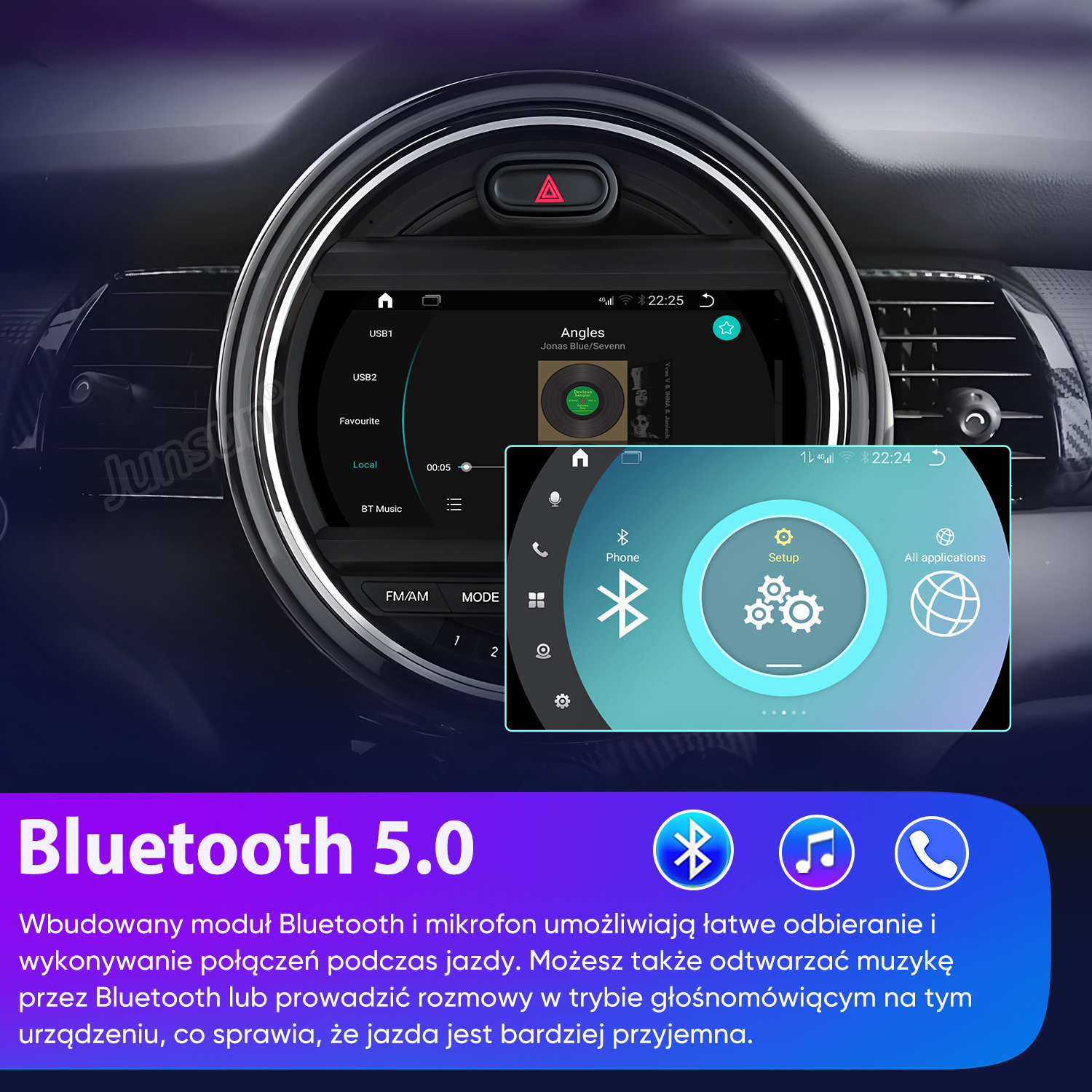 Samochodowy system audio w desce rozdzielczej wyświetla funkcje Bluetooth 5.0 i menu.
