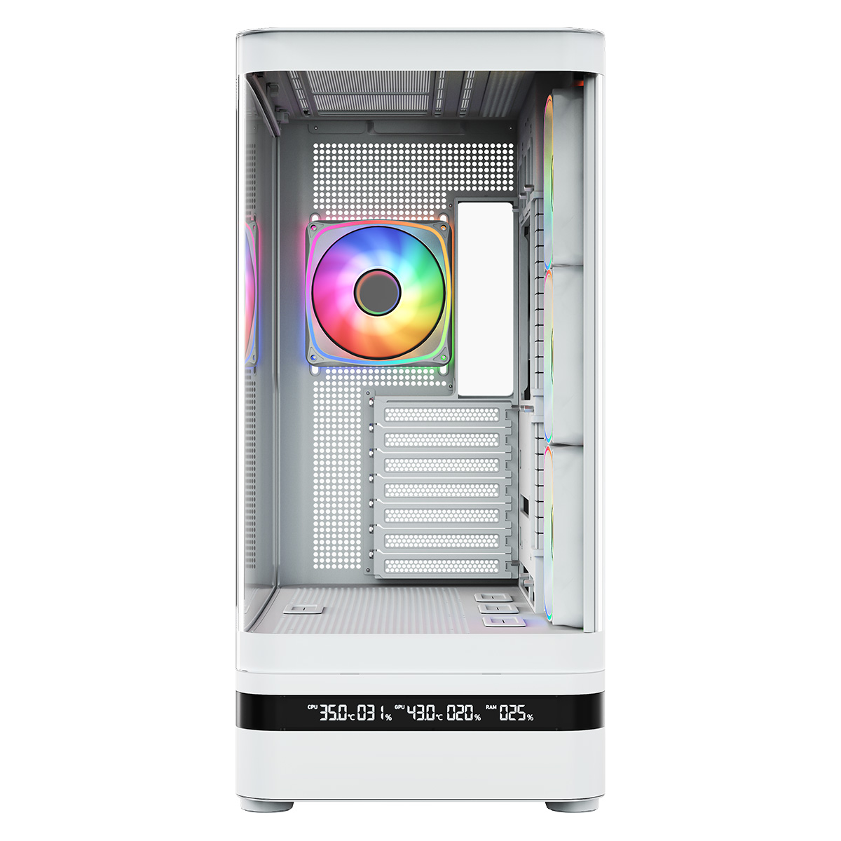 Biała obudowa PC z szklanym panelem, wentylatorami RGB i cyfrowym wyświetlaczem.