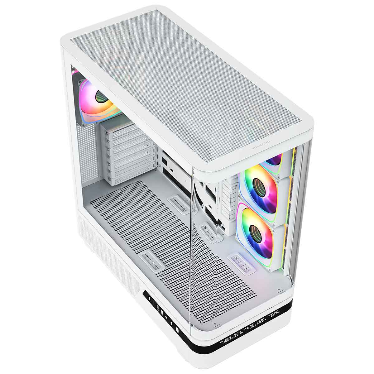 Biała obudowa PC ze szklanym frontem, siatkowaną górą i wentylatorami RGB.