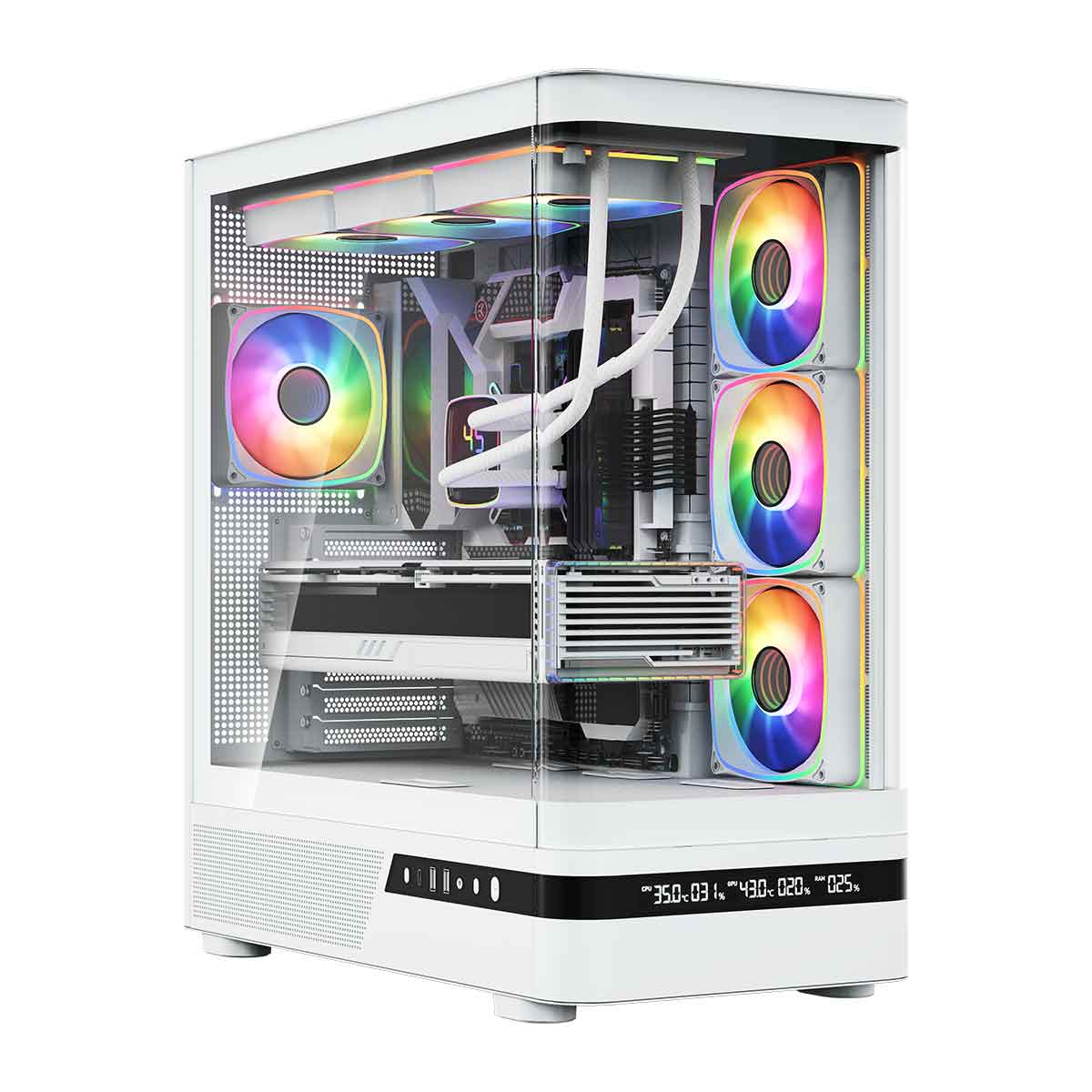 Biała obudowa PC ze szklanym frontem, wentylatorami RGB, chłodzeniem cieczą i wyświetlaczem z przodu.