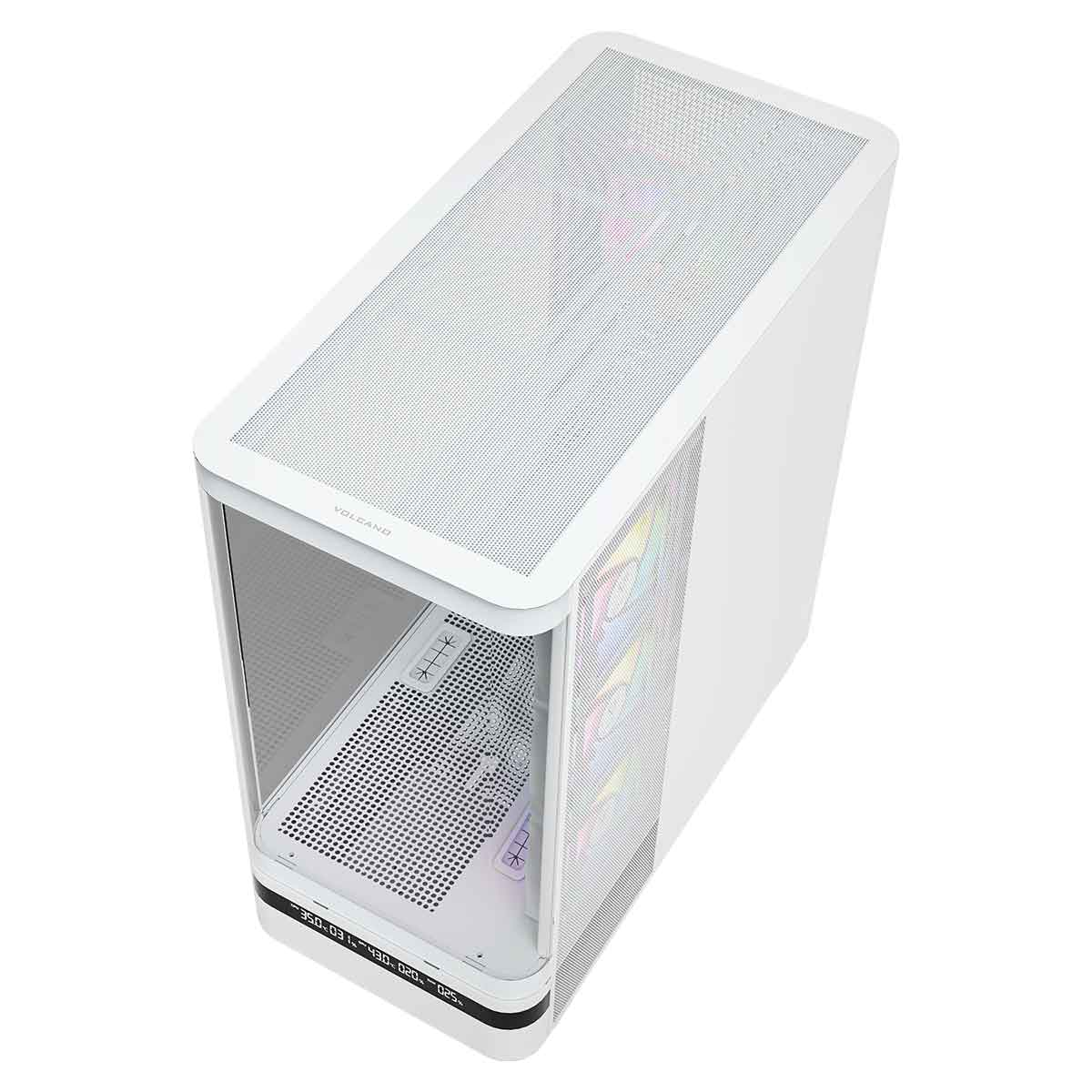 Biała obudowa komputera z siatkowym górnym panelem, szklanym przodem i wentylatorami RGB.