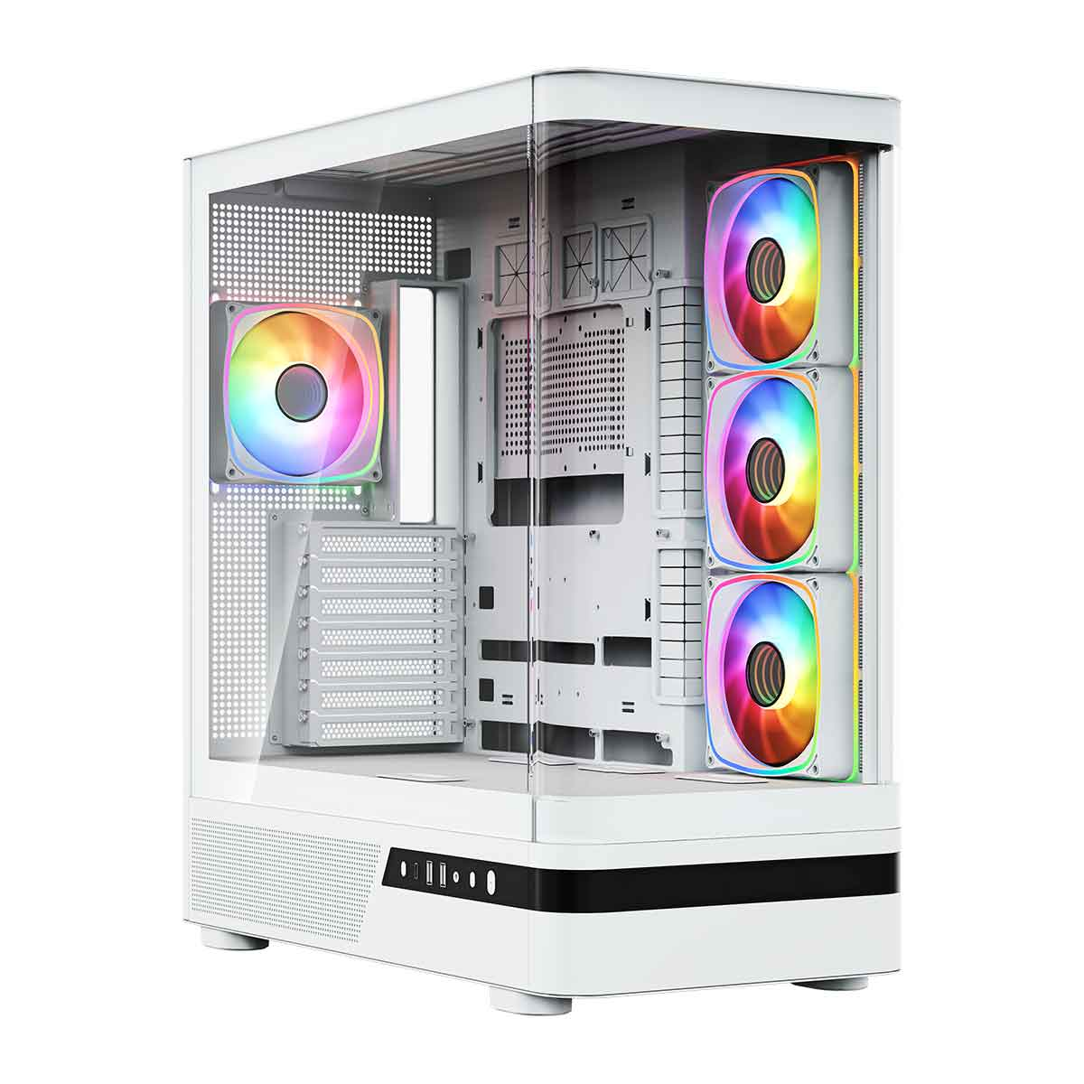 Biała obudowa komputera z czterema wentylatorami RGB i szklanymi panelami bocznymi na białym tle.