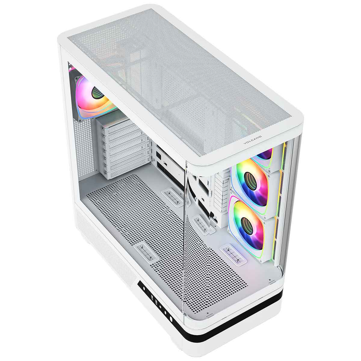 Biała obudowa komputera z siatkowaną górą, szklanym przodem i wentylatorami RGB.