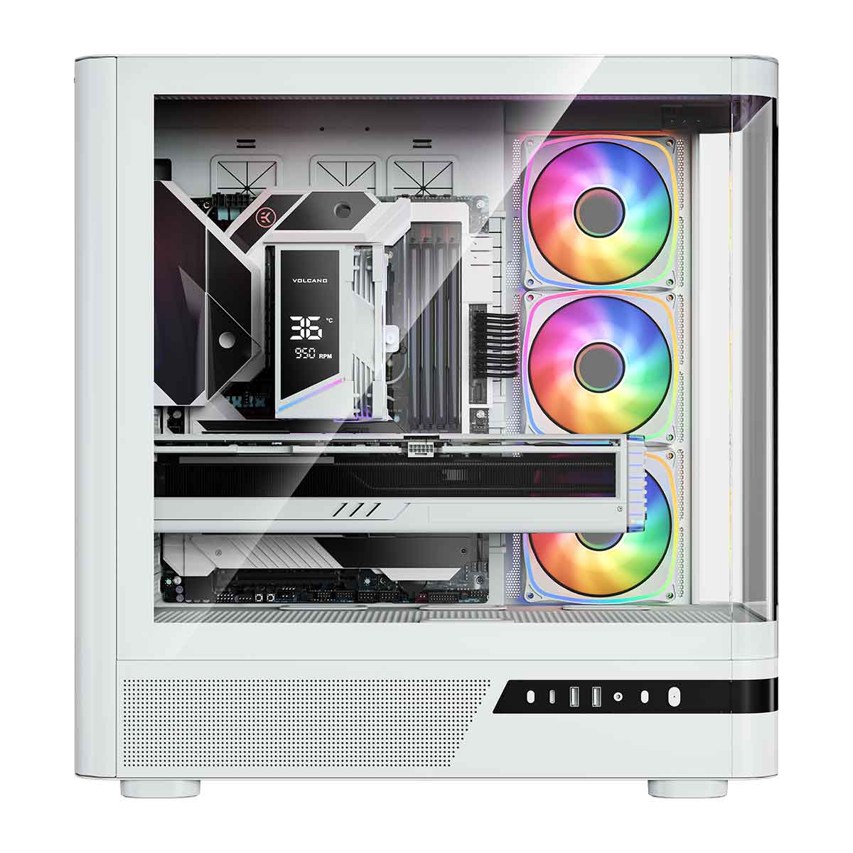 Biała obudowa PC z wewnętrznymi komponentami, wyświetlaczem cyfrowym i kolorowymi wentylatorami RGB.