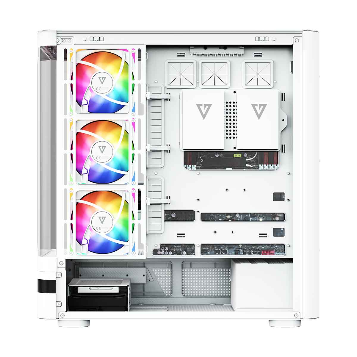Biała obudowa komputera z trzema kolorowymi wentylatorami RGB po lewej stronie.