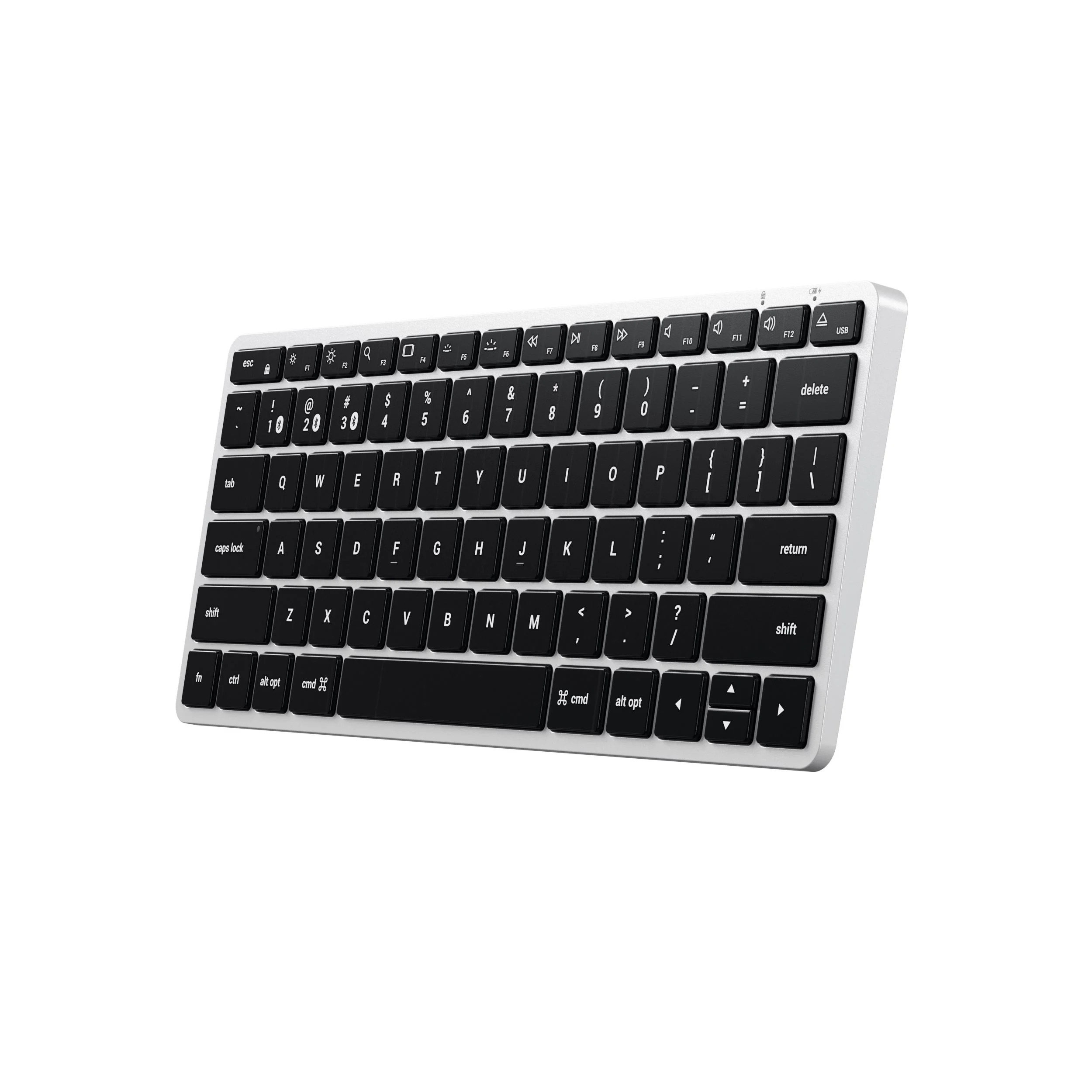 Kompaktowa biała klawiatura bezprzewodowa z czarnymi klawiszami i układem QWERTY na białym tle.