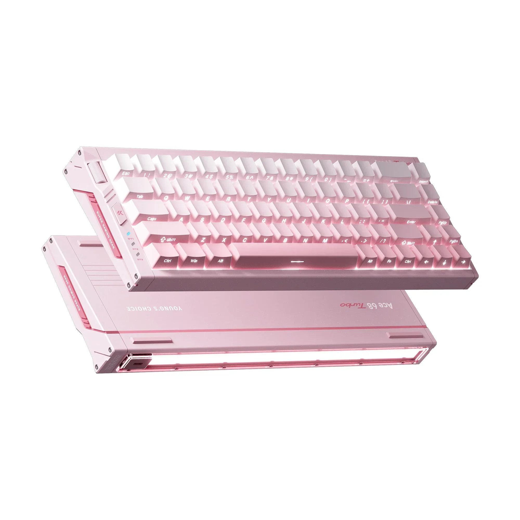 Różowo-biała mechaniczna klawiatura do gier z podświetleniem RGB, na białym tle.