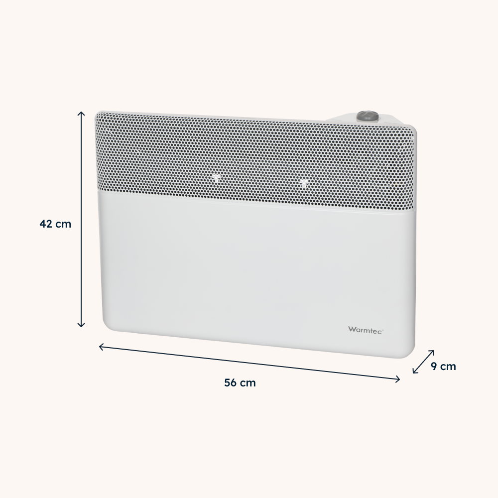 Biały grzejnik konwektorowy o wymiarach: 42 cm wysokości, 56 cm szerokości i 9 cm głębokości.