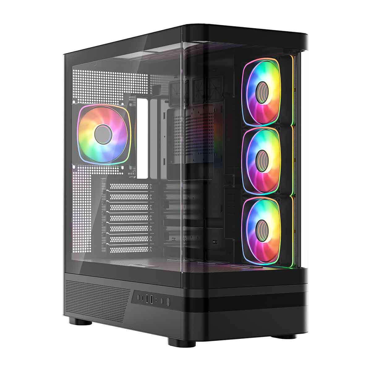 Czarna obudowa komputera ze szklanymi panelami i podświetlanymi wentylatorami RGB.