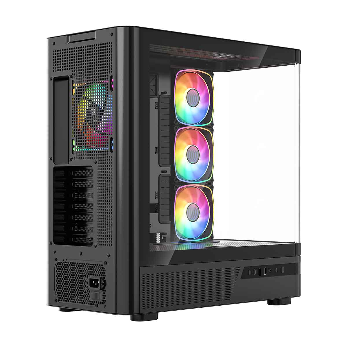 Czarna obudowa komputera ze szklanym panelem bocznym i trzema pionowymi wentylatorami RGB.