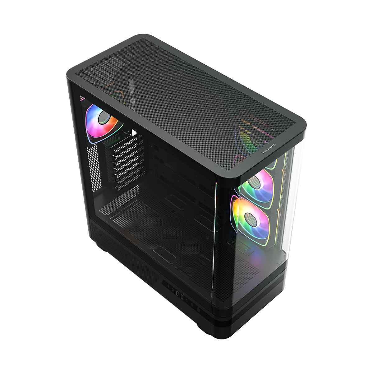 Pusta czarna obudowa PC z szklanymi drzwiami i trzema kolorowymi wentylatorami RGB.