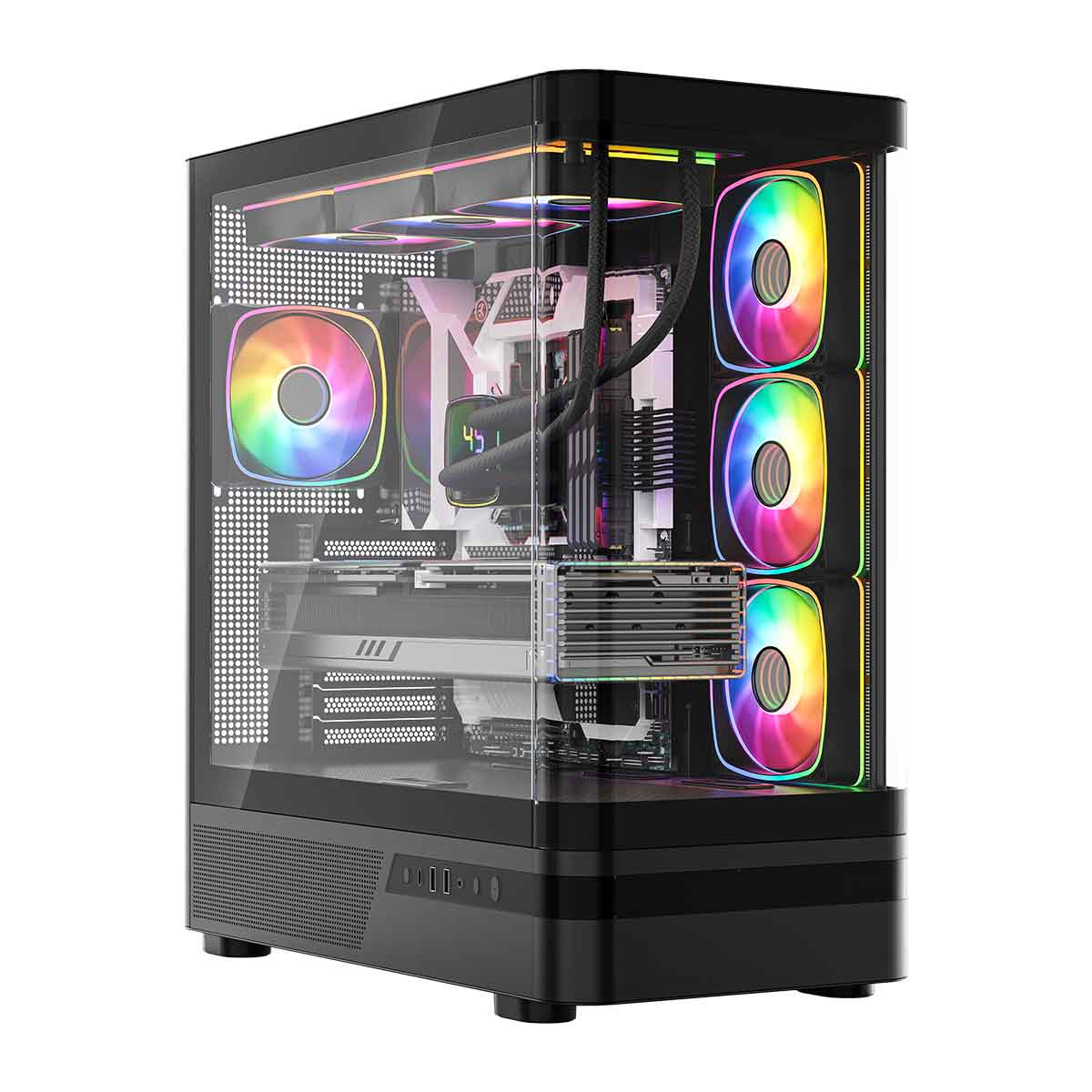 Czarna obudowa PC z szklanymi panelami, widocznymi podzespołami i kolorowym podświetleniem RGB.
