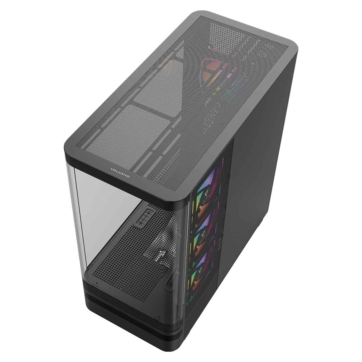 Czarna obudowa PC z szklanym panelem z przodu i kolorowymi wentylatorami RGB.
