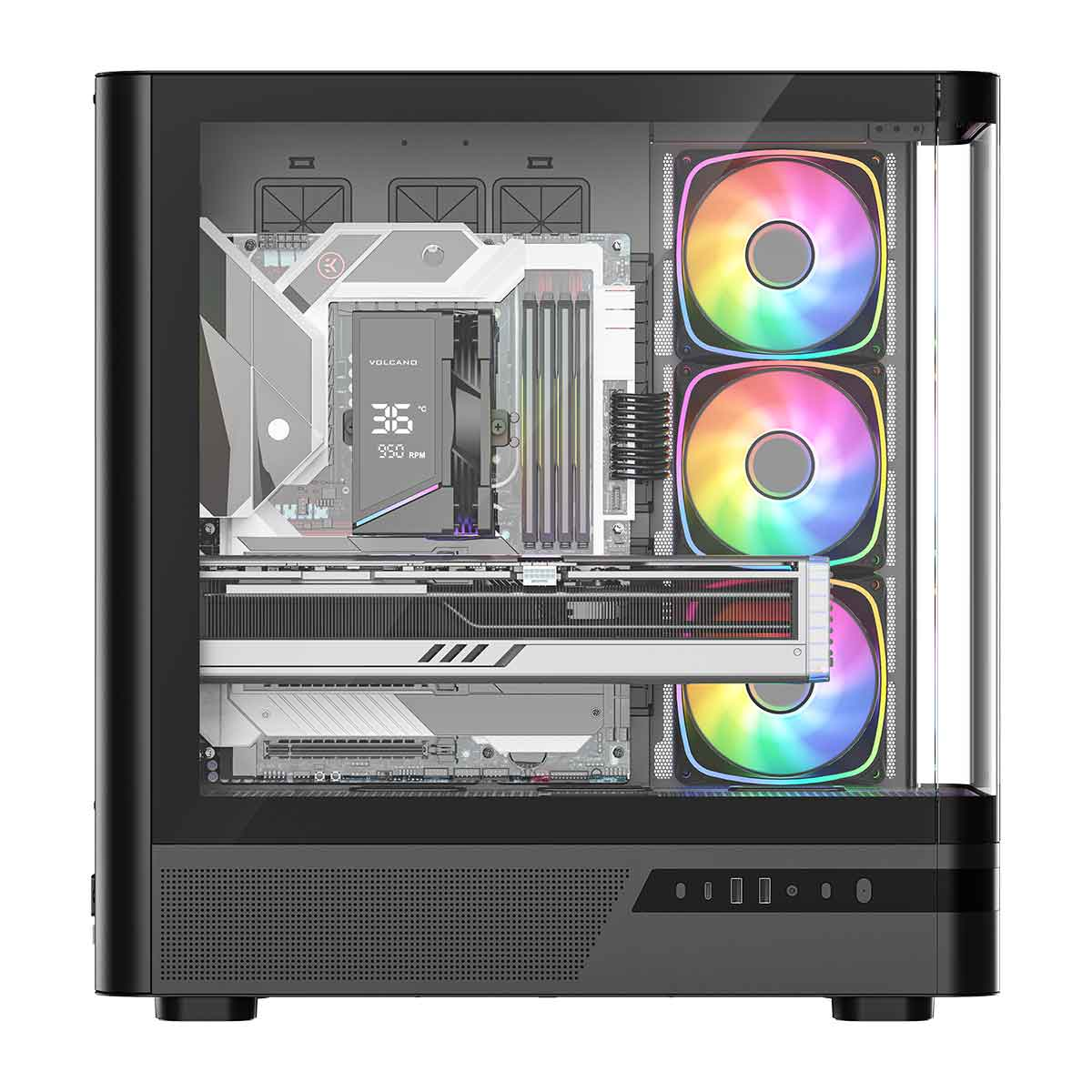 Wnętrze czarnej obudowy PC z białą płytą główną, wentylatorami RGB i kartą graficzną.