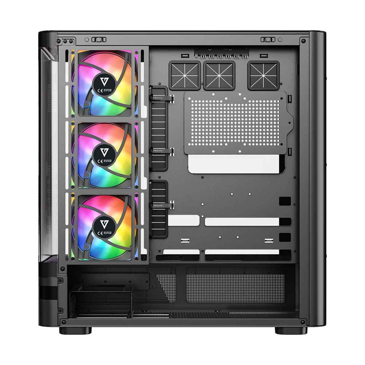 Czarna obudowa PC z trzema wentylatorami RGB z przodu i otwartym wnętrzem.