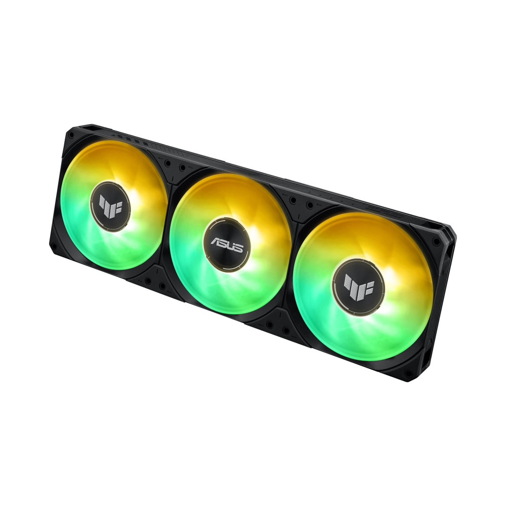A black triple-fan liquid cooler radiator featuring glowing RGB lights in green, yellow, and white on a white background.