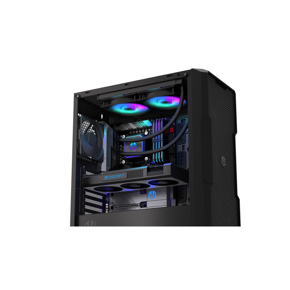 Ein schwarzes PC-Gehäuse mit internen Komponenten und bunter RGB-Beleuchtung an den Lüftern und dem Mainboard.