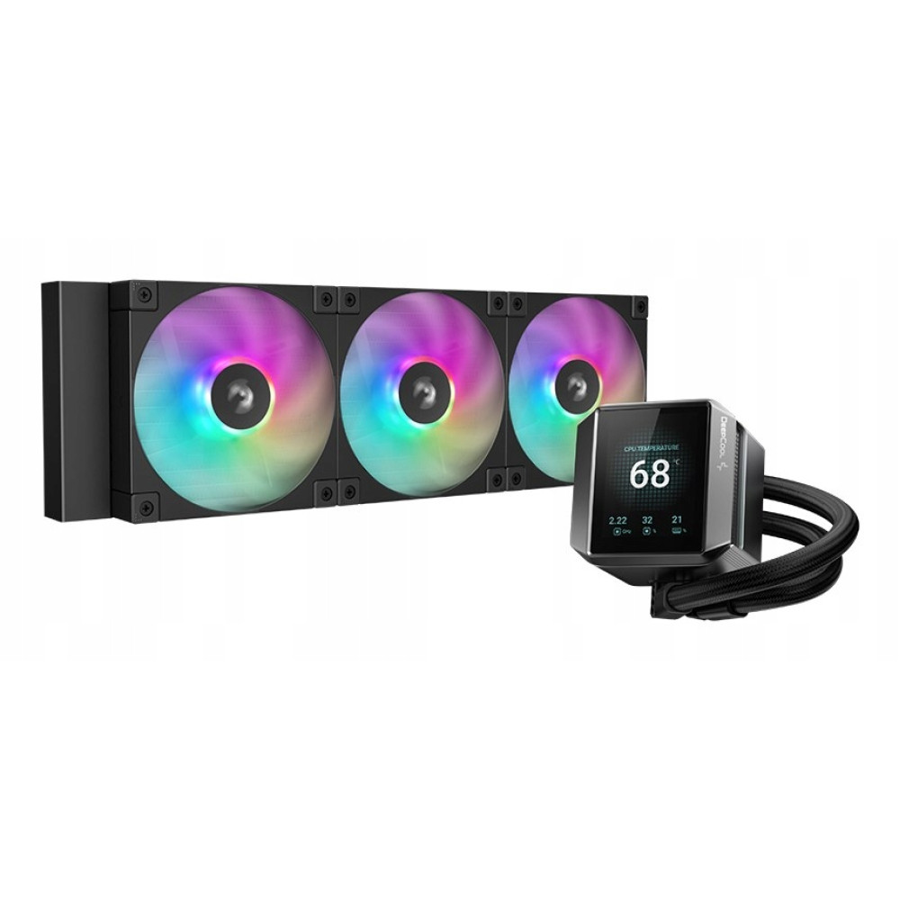 Ein CPU-Wasserkühler mit drei RGB-Lüftern und einem digitalen Temperaturdisplay.