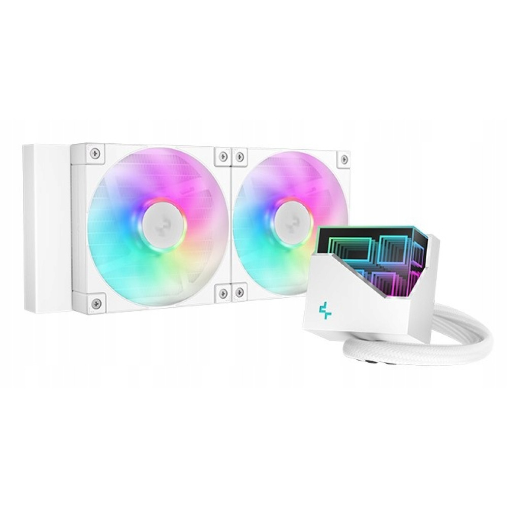 Ein weißer CPU-Flüssigkeitskühler mit zwei RGB-Lüftern und einem beleuchteten Pumpenblock auf weißem Hintergrund.