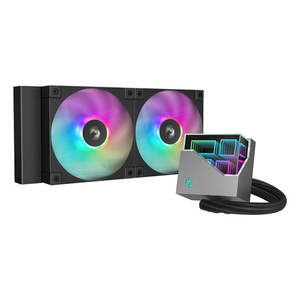 An AIO liquid CPU cooler with two RGB fans and a pump block featuring an infinity mirror design on a white background.