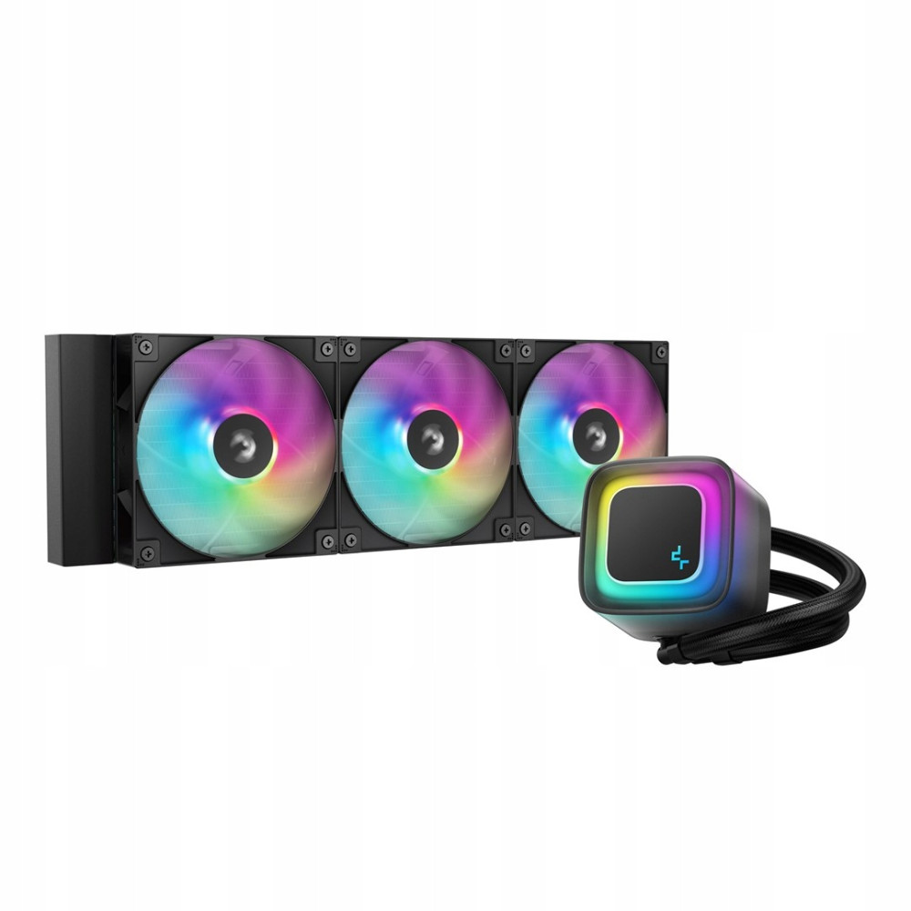 A white liquid cooler with three RGB fans and an illuminated pump block.