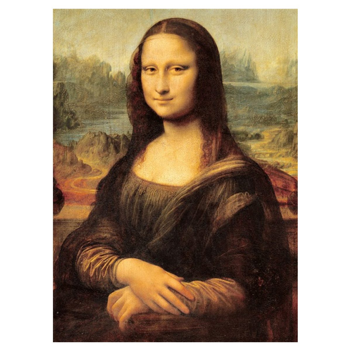 Gemälde der Mona Lisa mit dunklem Kleid und verschlagenem Lächeln vor einer Berglandschaft.