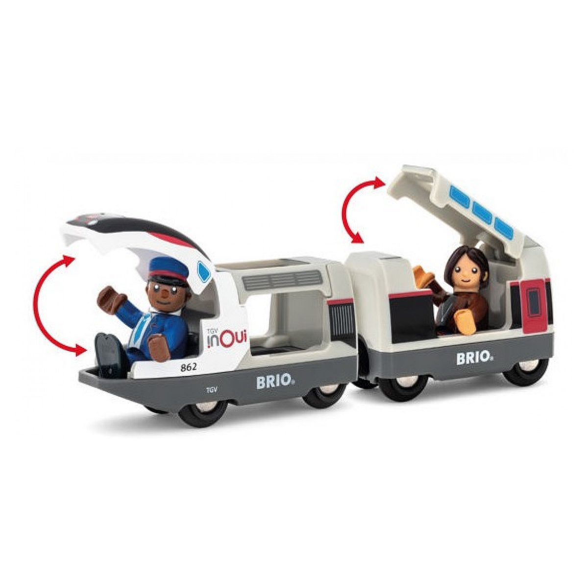 Brio TGV-Spielzeugeisenbahn mit zwei offenen Wagen und zwei kleinen Figuren im Inneren auf weißem Hintergrund.