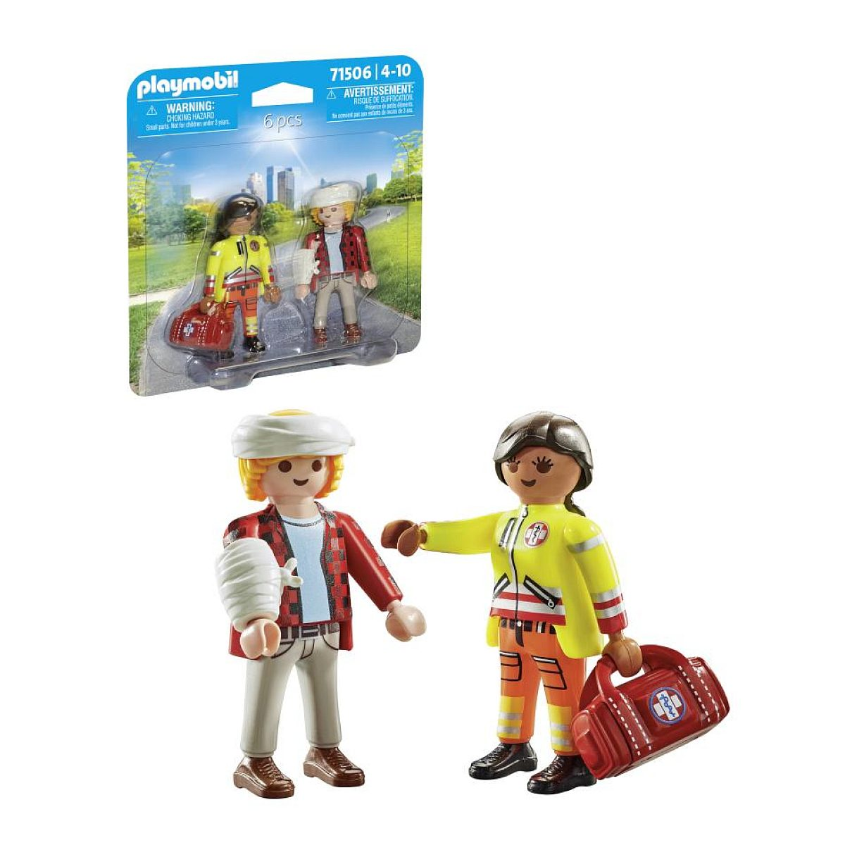 Zestaw Playmobil z ratownikiem i rannym pacjentem w bandażach.