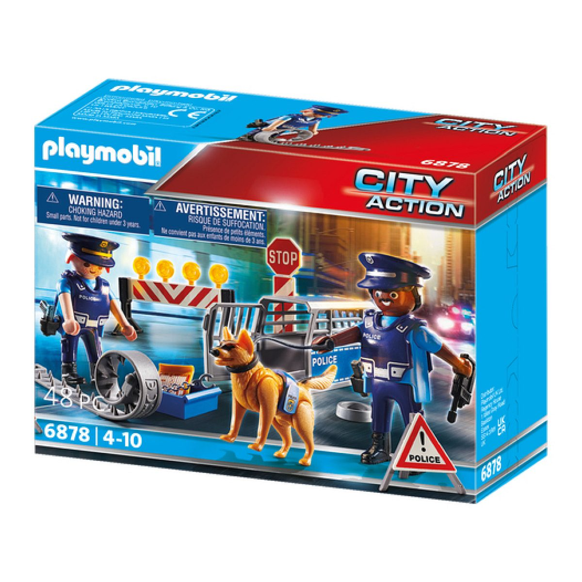 Playmobil City Action Polizeiset-Schachtel mit zwei Beamten, Polizeihund, Absperrung und Schildern.