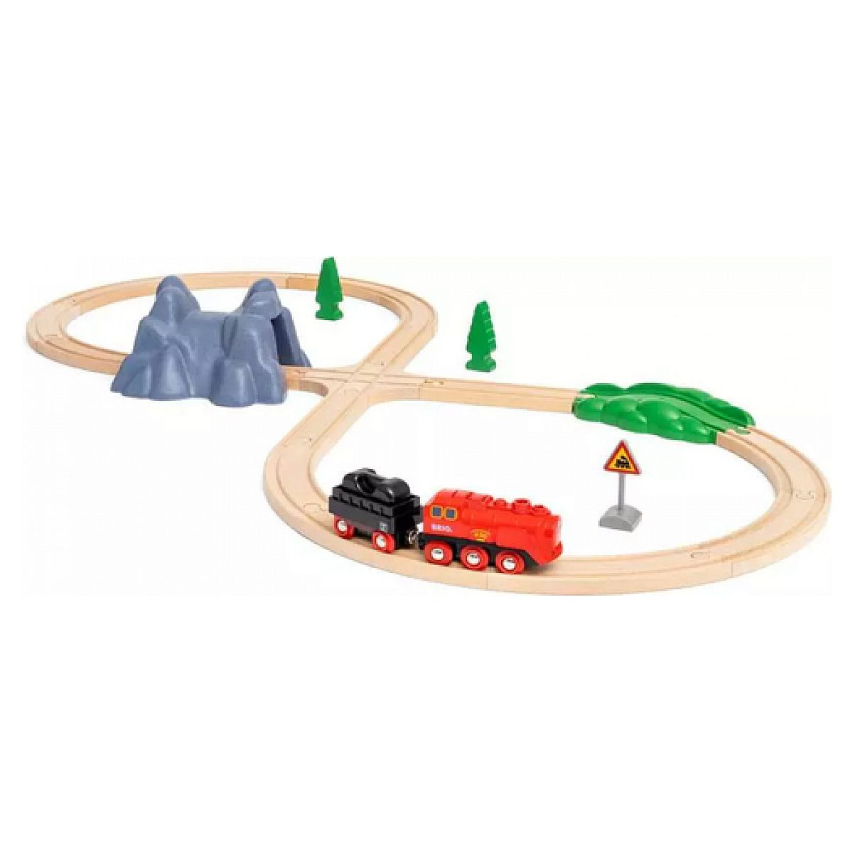 Eine Holzspielzeugeisenbahn in Achtform mit roter Lok, schwarzem Tender, Tunnel, Bäumen und Schild.