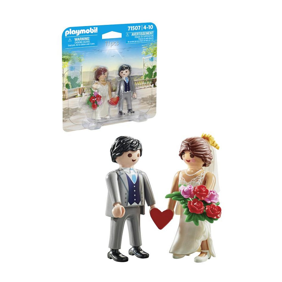 Figuras de boda de Playmobil: novio en traje gris con corazón rojo y novia en vestido blanco con flores.