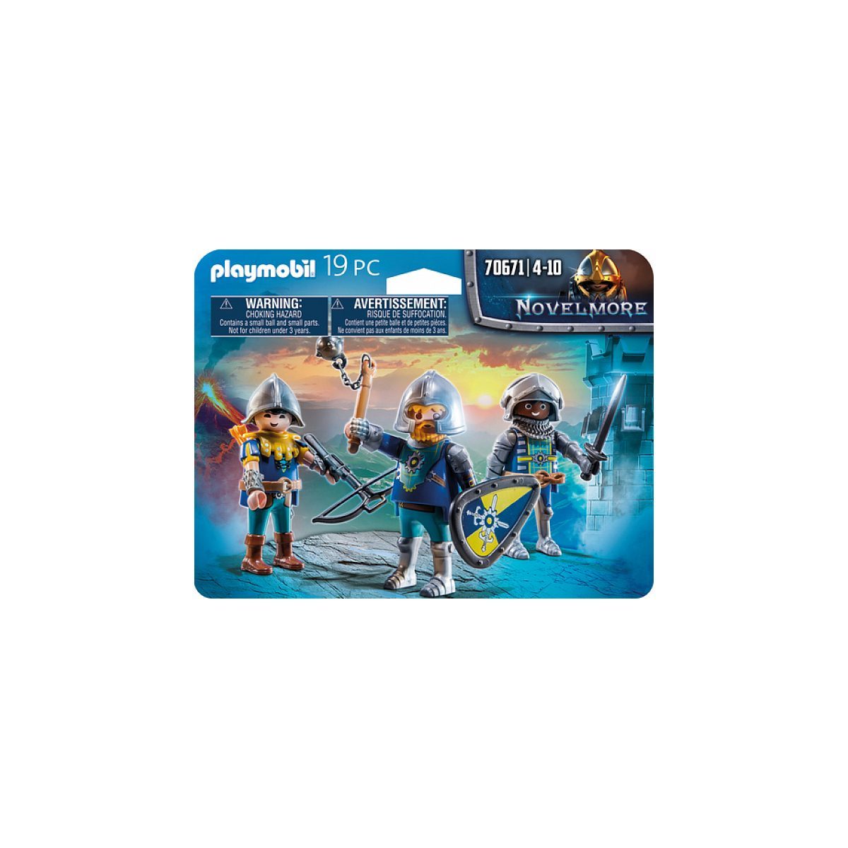 Set de 19 figuras Playmobil Novelmore con tres caballeros, armas y escudo frente a un fondo de montaña.
