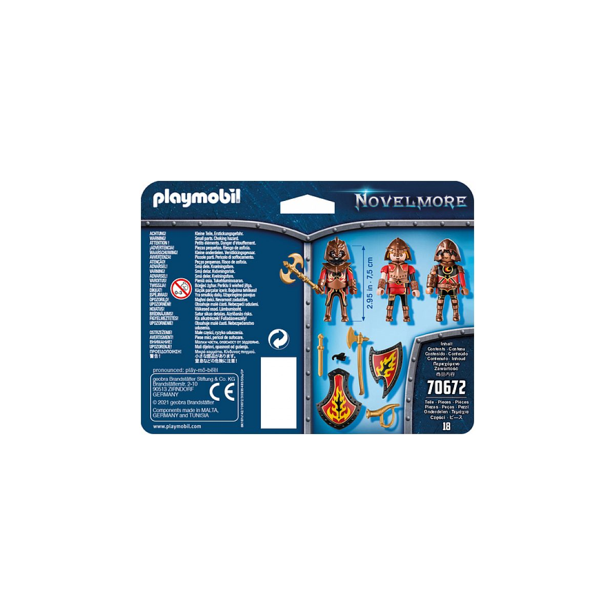 Playmobil Novelmore Spielset 70672 Verpackung mit Ritterfigur, Rüstung, Waffen und Sicherheitshinweisen.