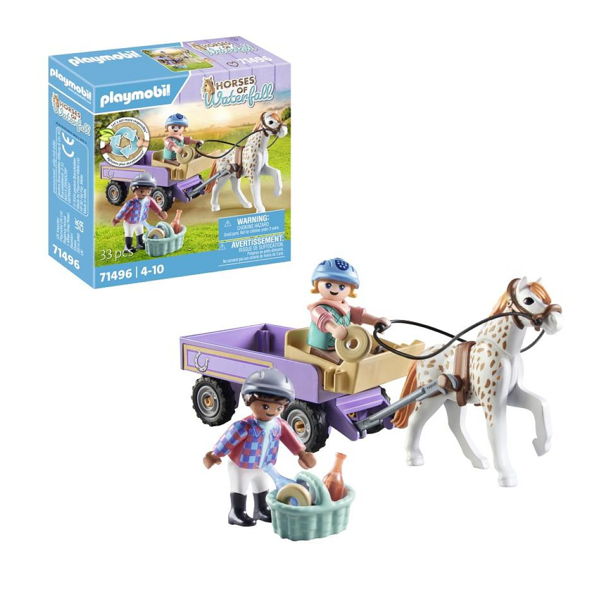 Playmobil Spielset mit Pferd, lila Wagen, zwei Figuren, Korb und Zubehör vor Produktverpackung.