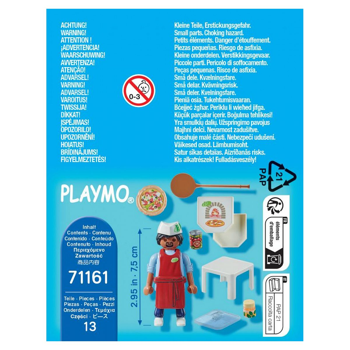 Playmobil-Set 71161 zeigt eine Pizzeria-Figur mit Zubehör wie Pizza, Ofen und Tisch auf blauem Hintergrund.