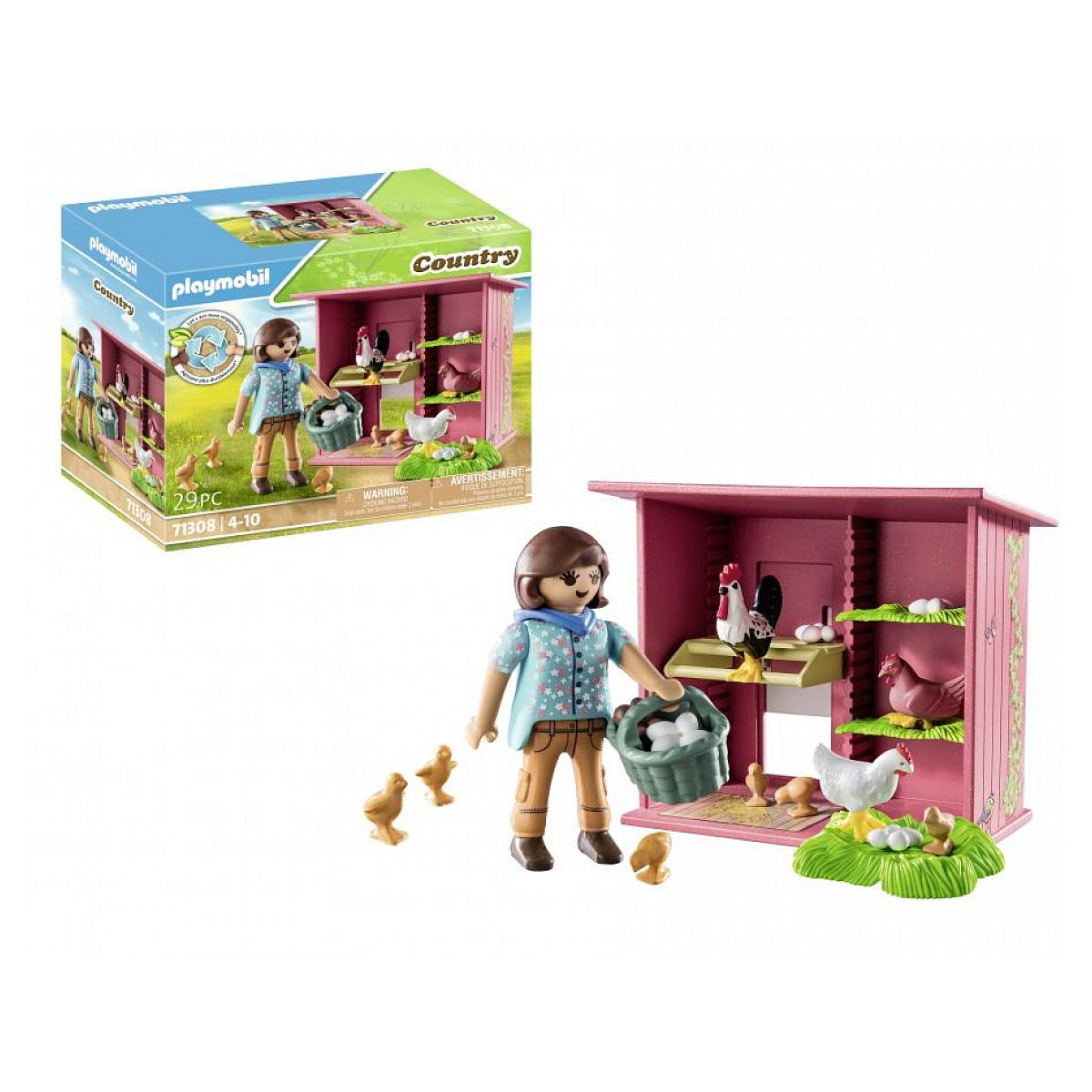 Playmobil Hühnerstall-Set mit Figur, Hühnern, Küken und Zubehör neben der Verpackung.