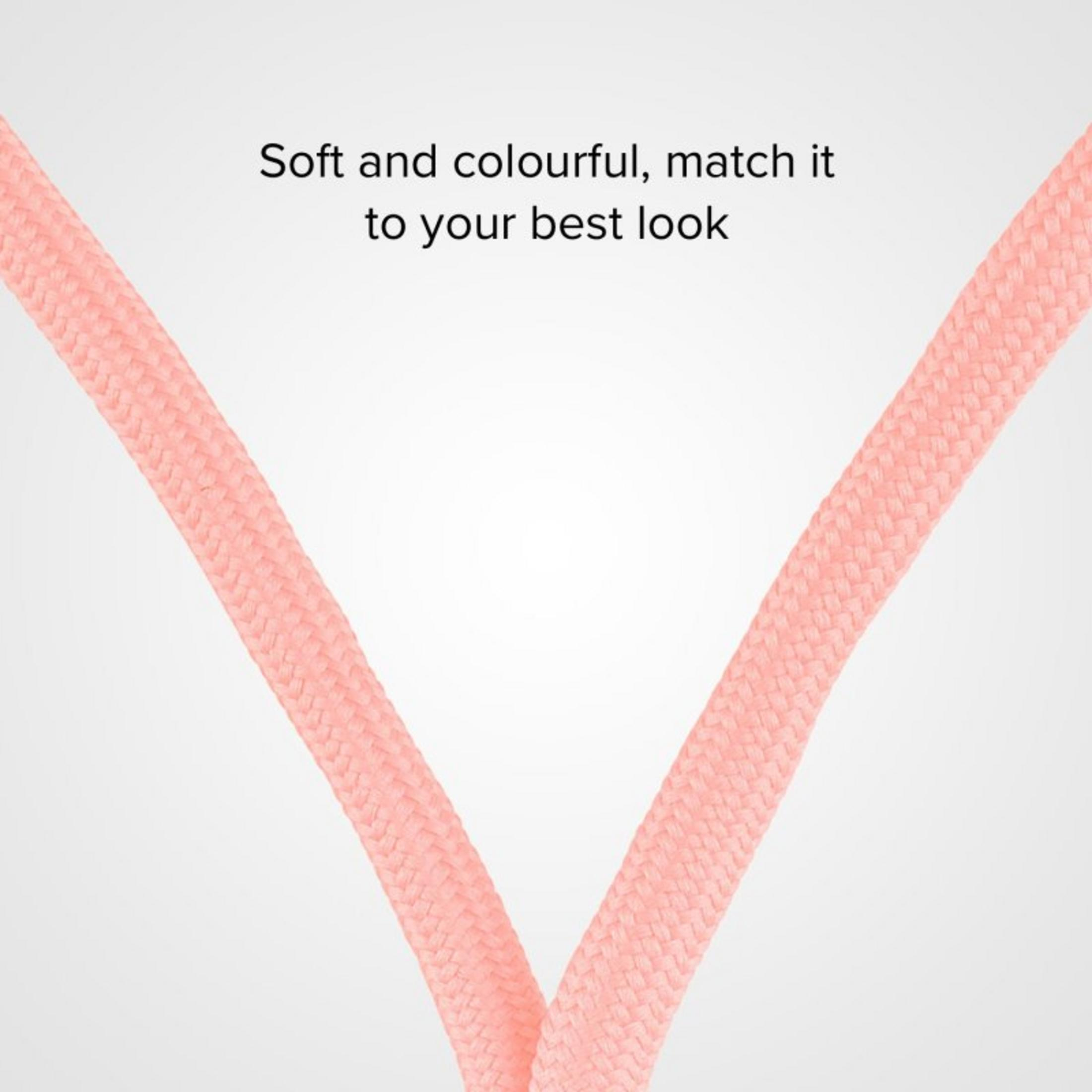 Dos cordones trenzados de color rosa forman una V sobre un fondo gris, con texto arriba.
