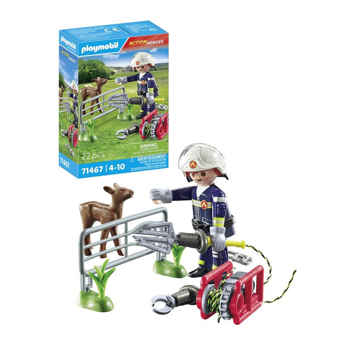 Playmobil Feuerwehr-Spielset mit einem Reh, Metalltor, Spreizer und roter Winde, mit Produktverpackung.