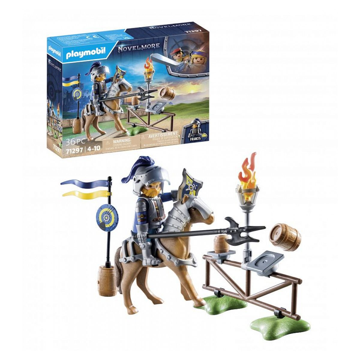 Caballero Playmobil Novelmore a caballo disparando a barriles con catapulta, antorcha y bandera.