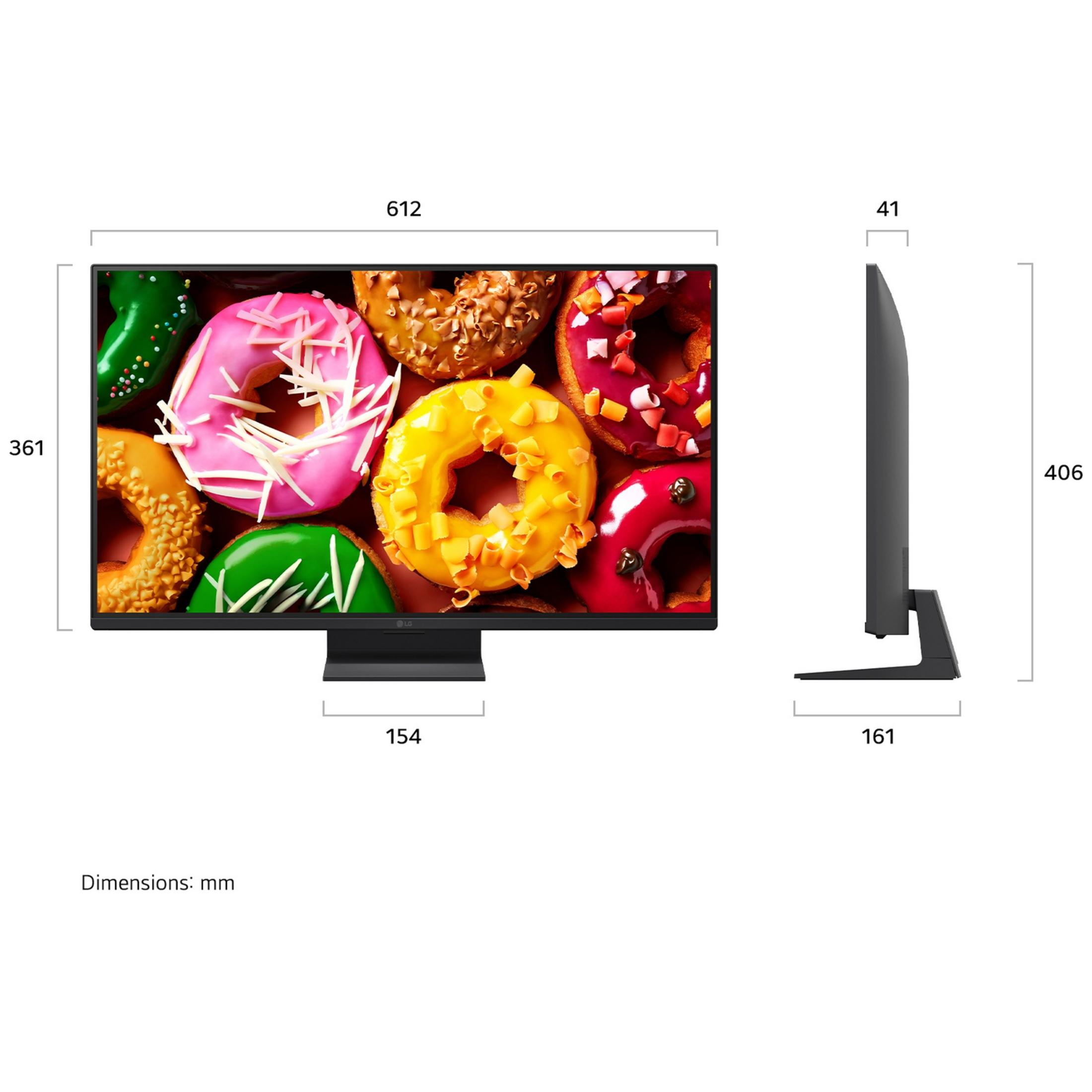 Disegno tecnico di un monitor che mostra le dimensioni in mm viste da davanti e di lato.