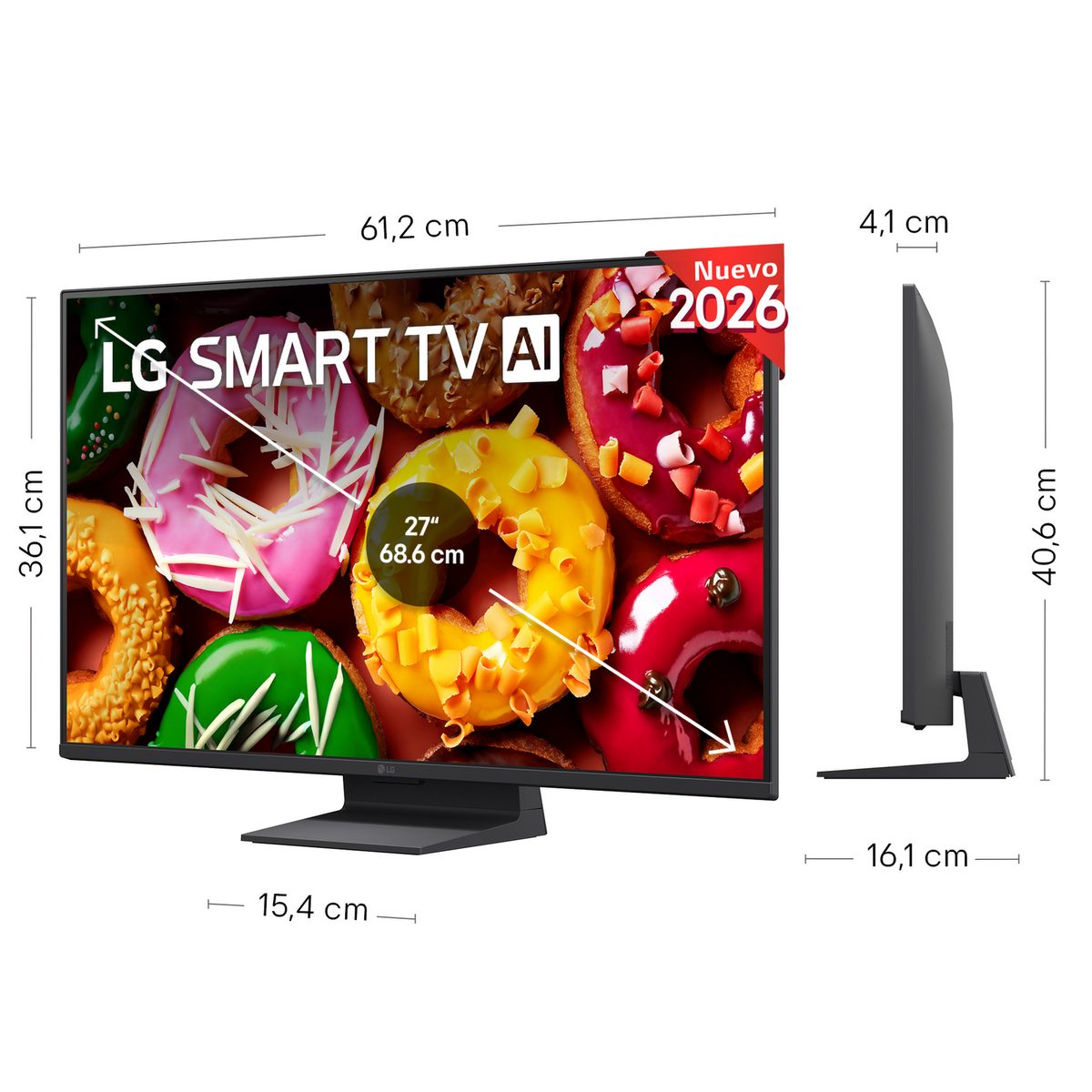 Monitor LG Smart TV AI con dimensioni, viste frontale e laterale su sfondo bianco.
